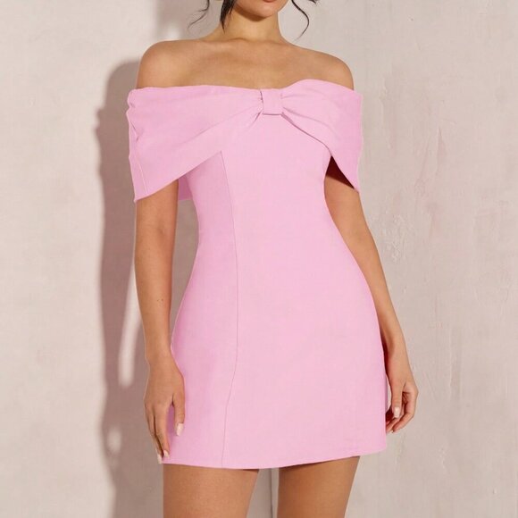 Pink Elegant Women's Off Shoulder Bowknot Cocktail Mini Dress - Picture 7 of 7